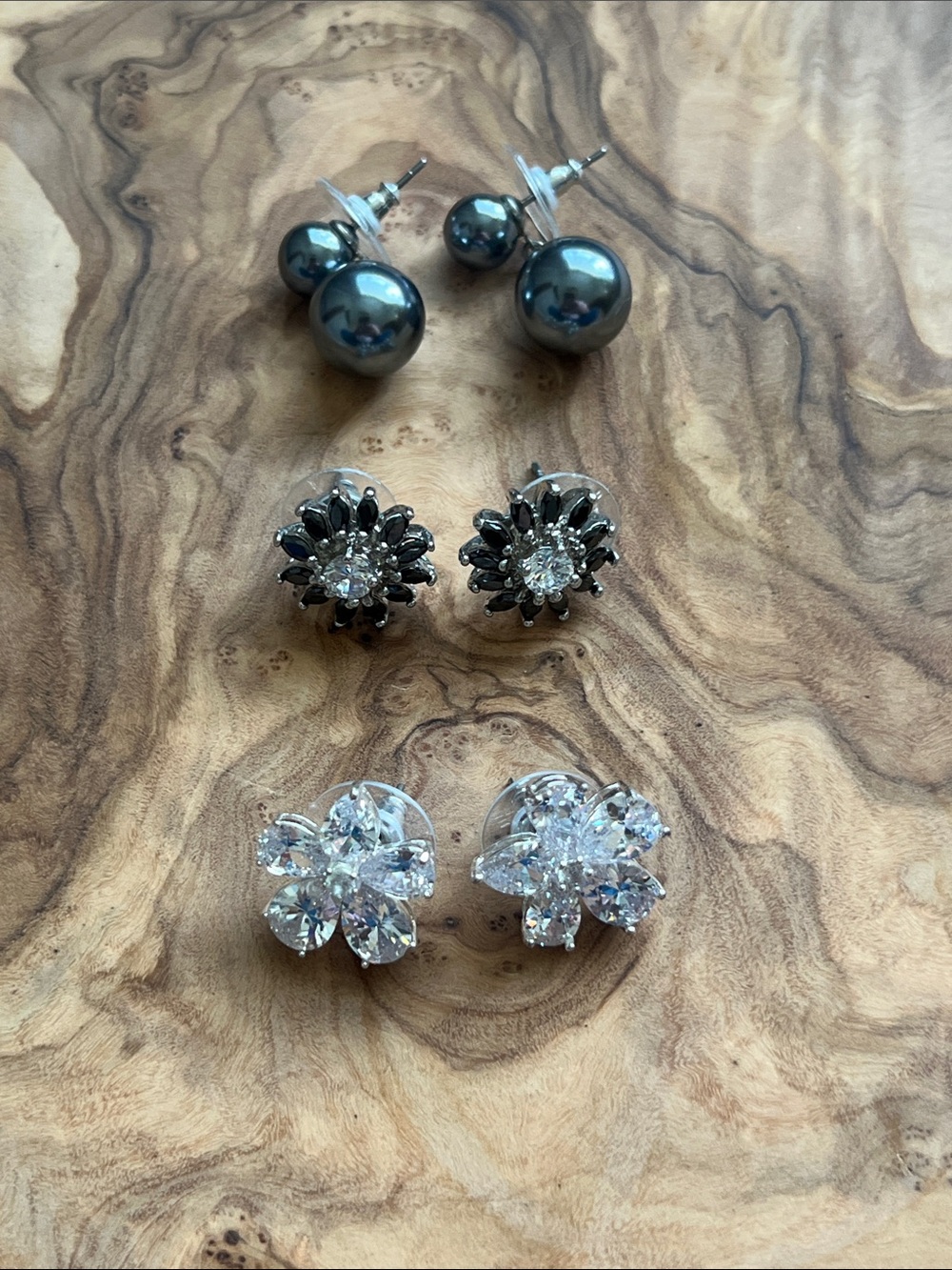 Triple Pair Stud Earring Set — Gray and Clear Floral & Pearl Styles